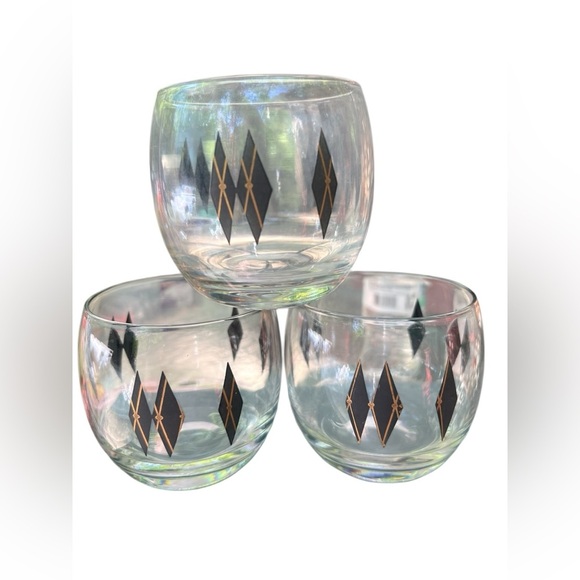 3 Federal Black & Gold Diamonds Roly Poly Glasses Barware  3‎ 1/4" x 3 1/2" MCM - Picture 1 of 2